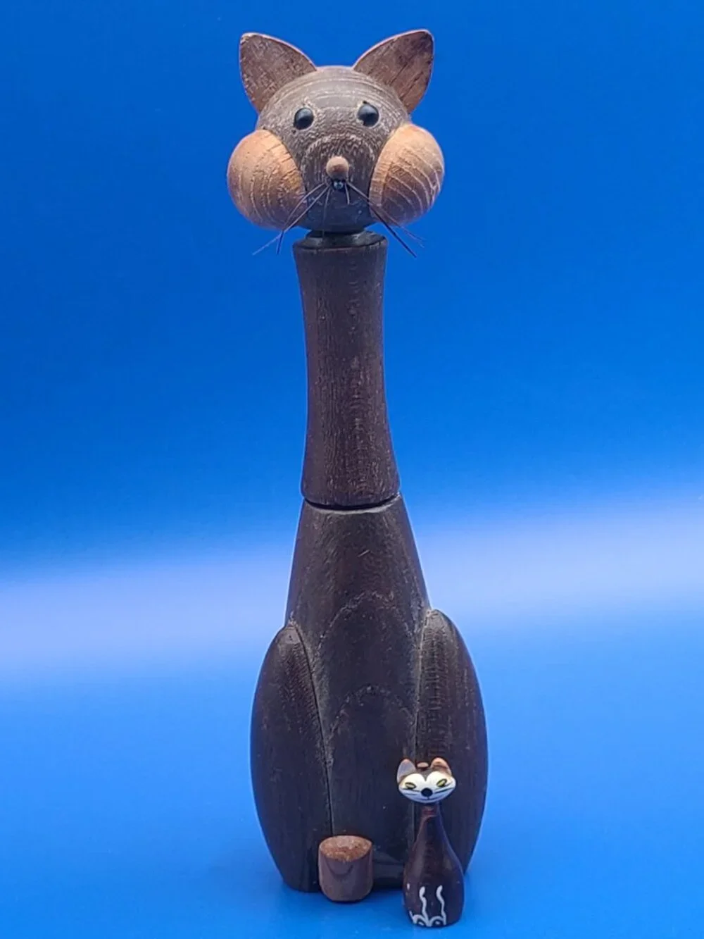 MCM Barware Wood Cheeky Cat Corkscrew plus Japan Miniature Cat AS IS